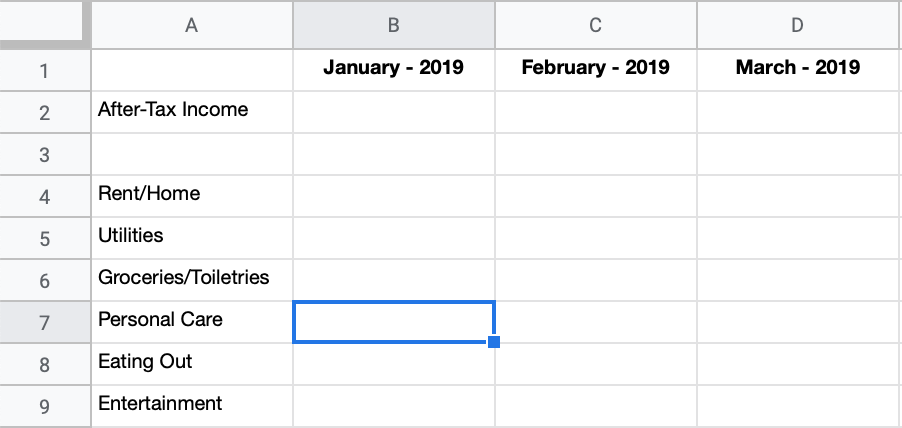 Budget Spreadsheet Example: timeframes in the top row